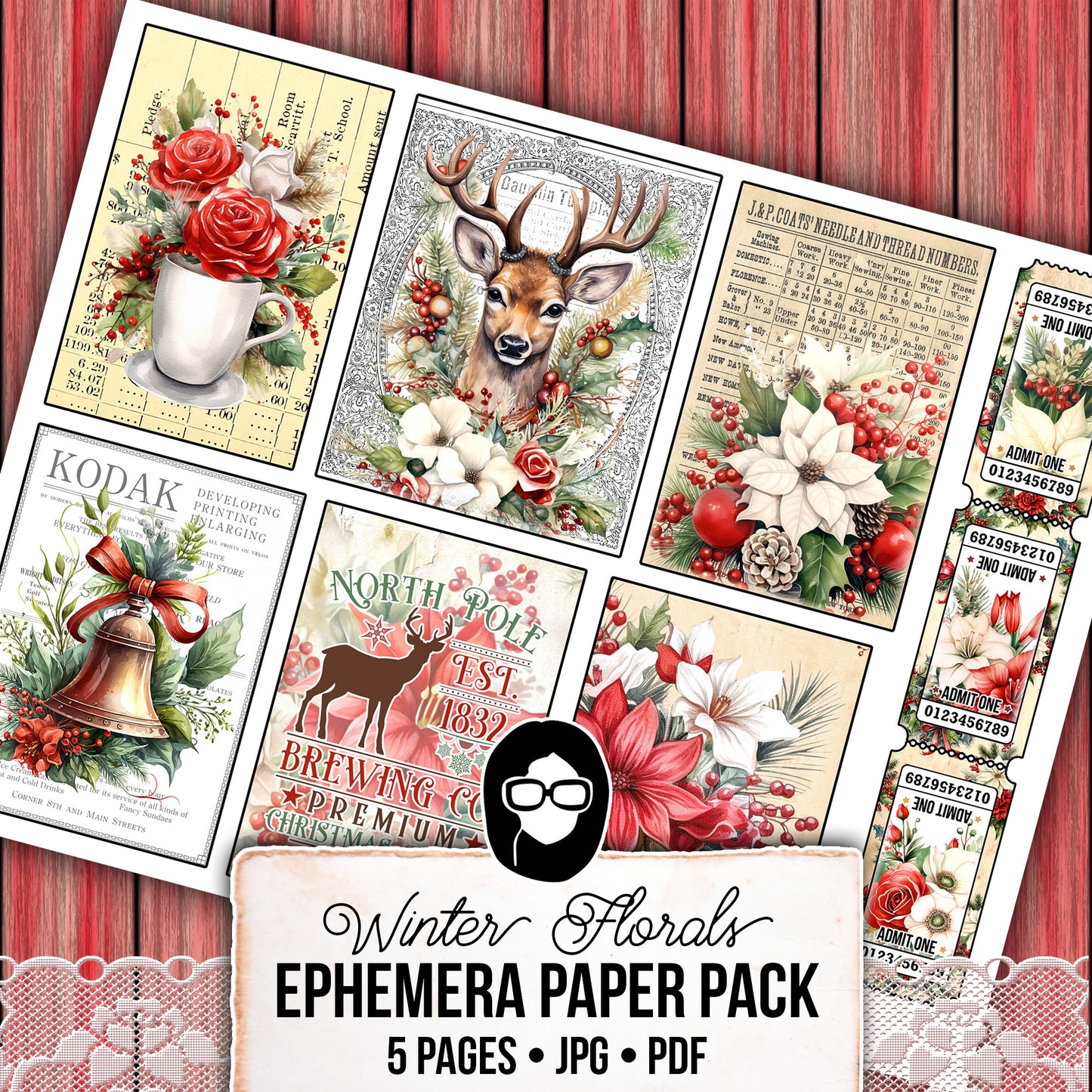 Christmas Printables, Ephemera Fussy Cuts -5pg Digital Download- Junk Journal DIY Kit, Pockets, Envelopes, Labels, Tags, Cards, Titles, Red