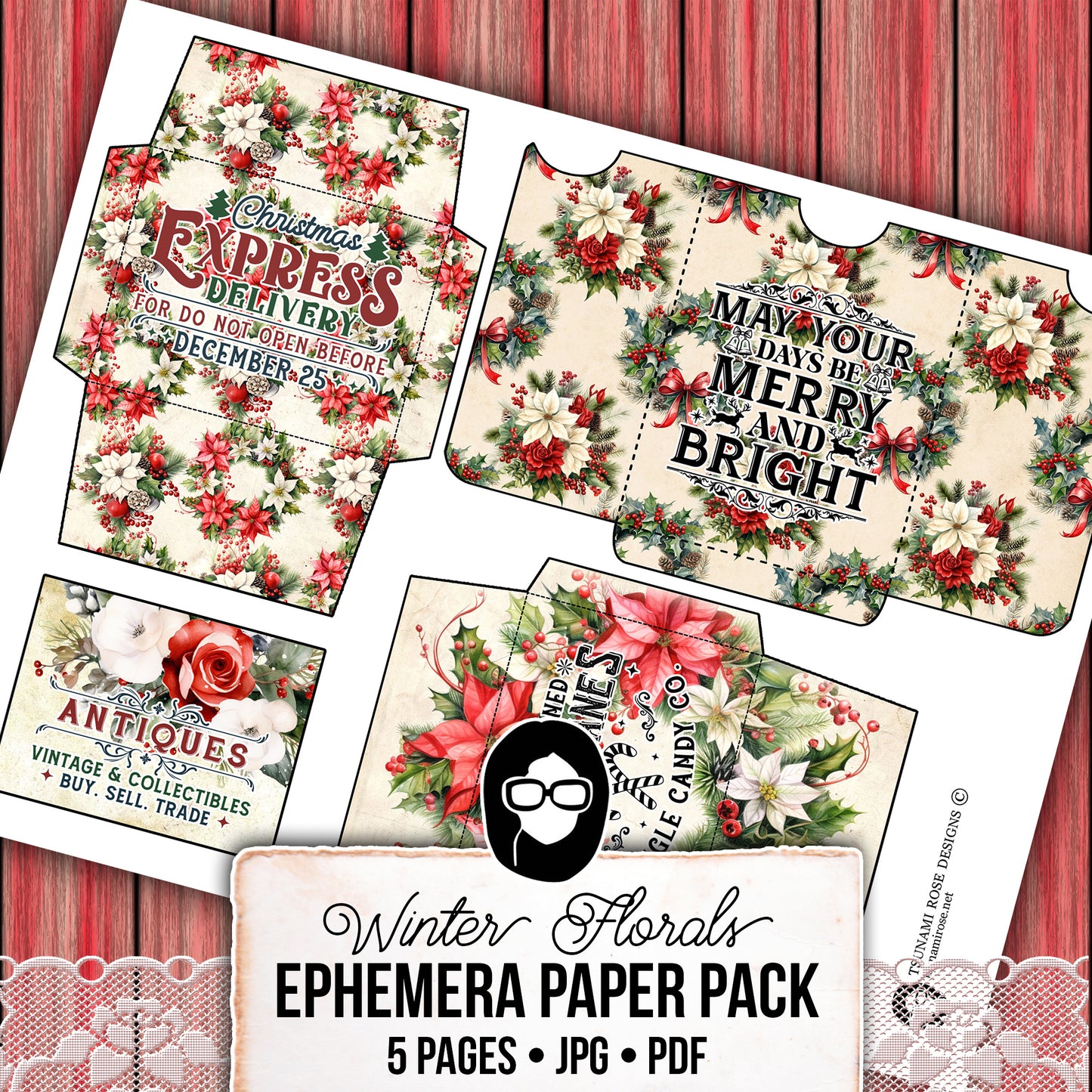 Christmas Printables, Ephemera Fussy Cuts -5pg Digital Download- Junk Journal DIY Kit, Pockets, Envelopes, Labels, Tags, Cards, Titles, Red