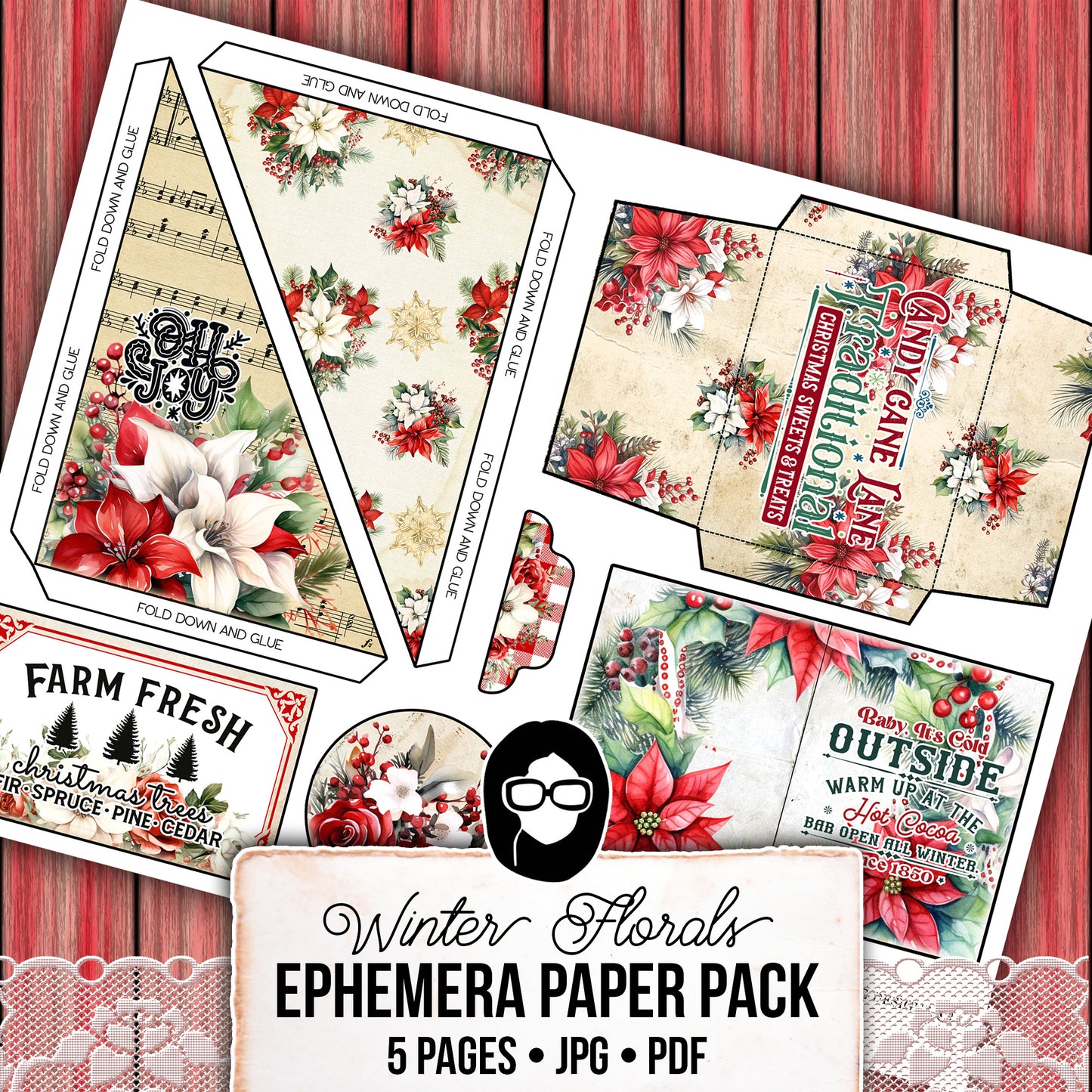 Christmas Printables, Ephemera Fussy Cuts -5pg Digital Download- Junk Journal DIY Kit, Pockets, Envelopes, Labels, Tags, Cards, Titles, Red