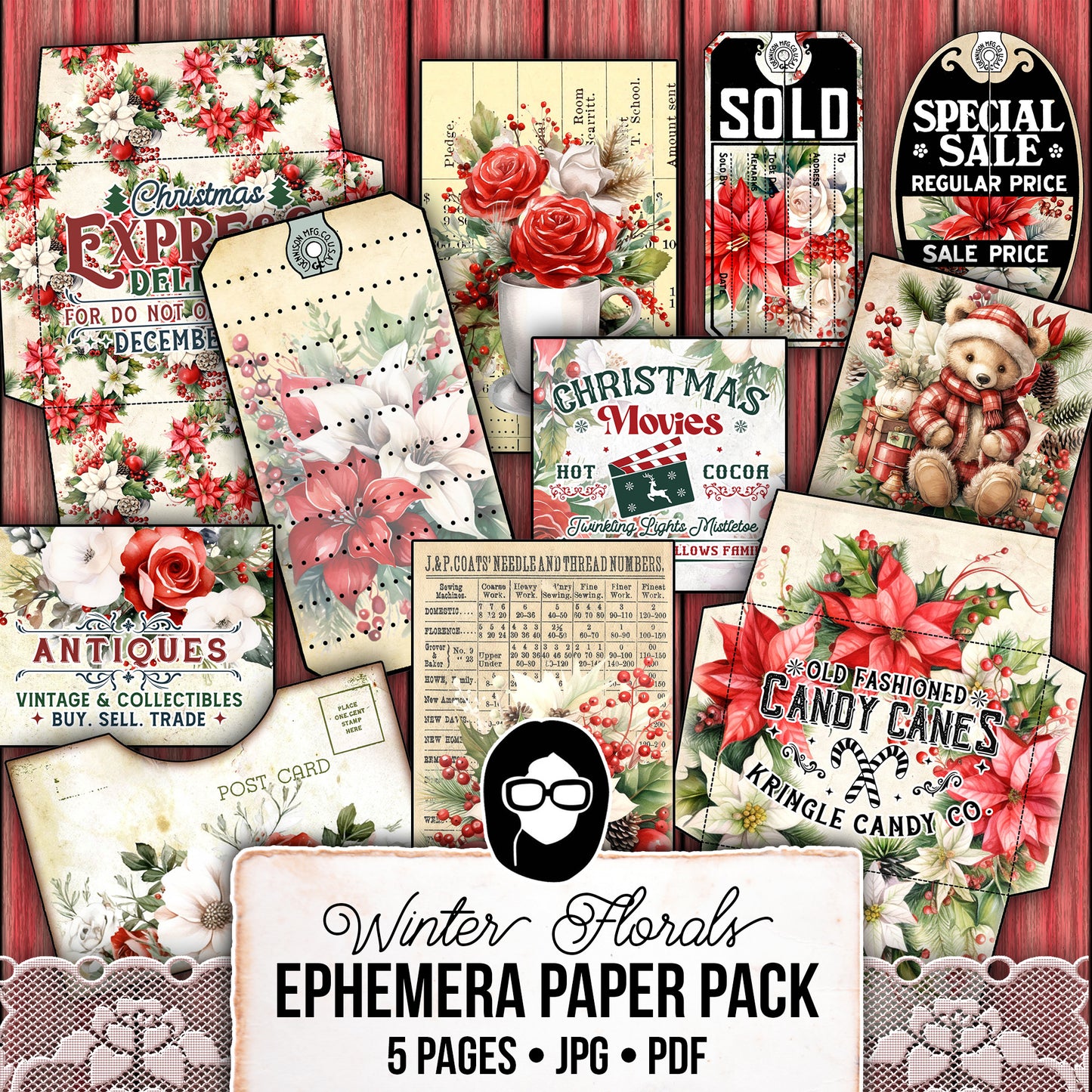Christmas Printables, Ephemera Fussy Cuts -5pg Digital Download- Junk Journal DIY Kit, Pockets, Envelopes, Labels, Tags, Cards, Titles, Red
