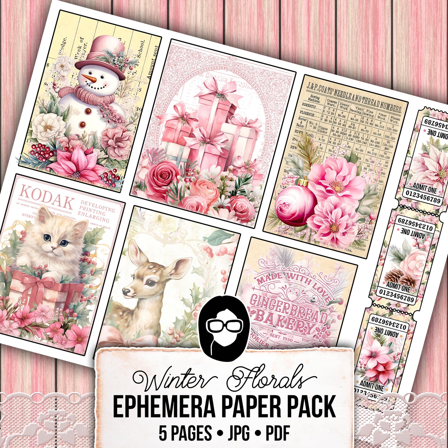 Pink Christmas Printable, Ephemera Fussy Cuts -5pg Digital Download- Junk Journal DIY Kit, Pockets, Envelopes, Labels, Tags, Cards, Titles