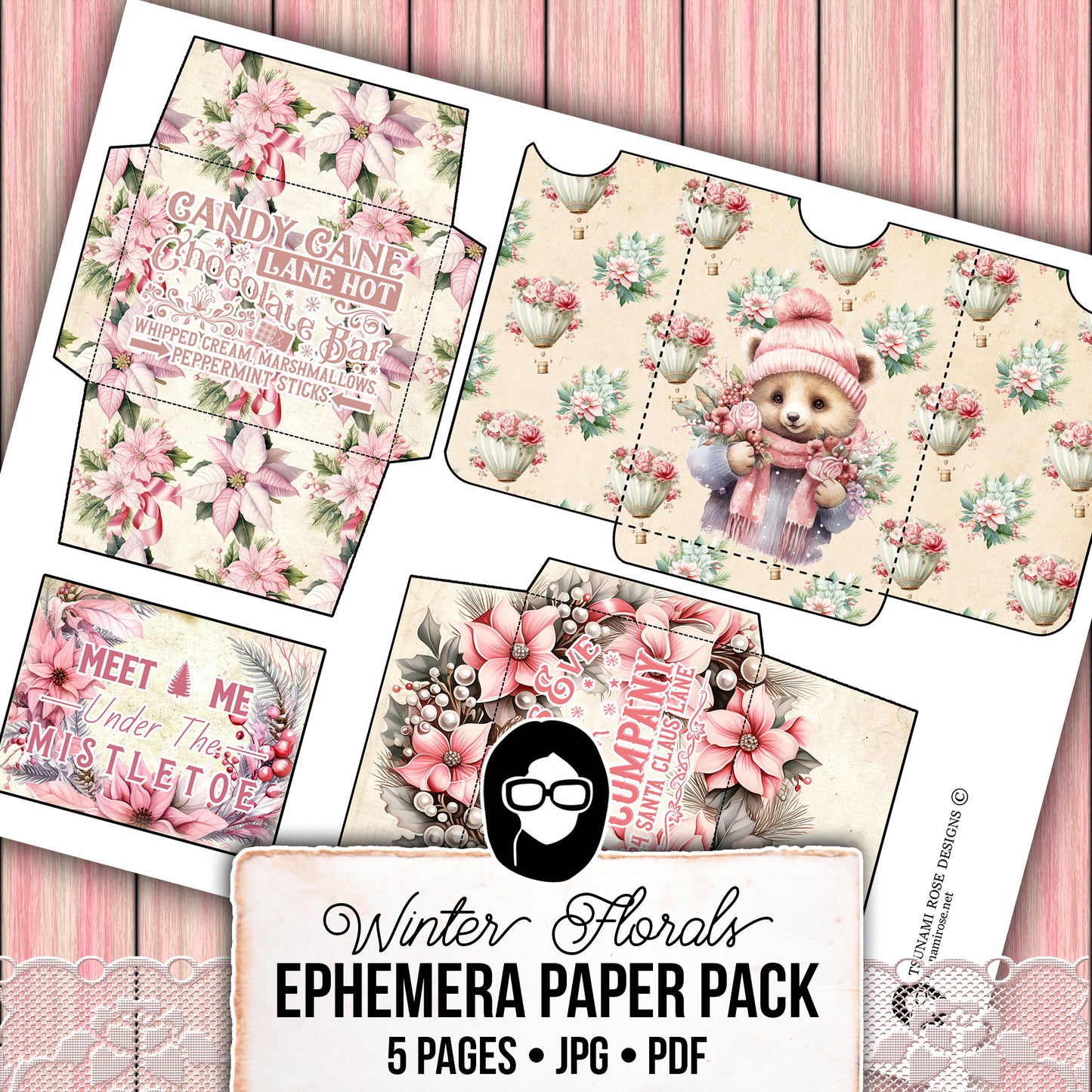 Pink Christmas Printable, Ephemera Fussy Cuts -5pg Digital Download- Junk Journal DIY Kit, Pockets, Envelopes, Labels, Tags, Cards, Titles