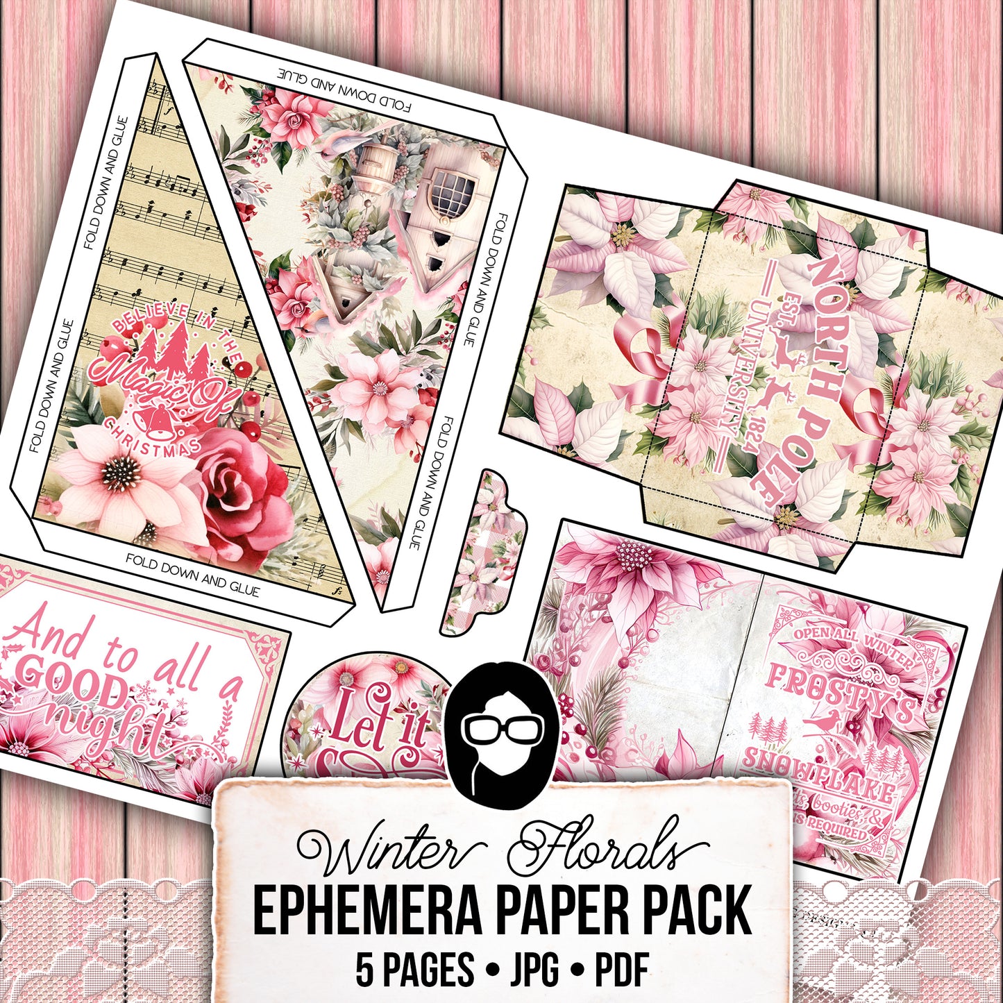 Pink Christmas Printable, Ephemera Fussy Cuts -5pg Digital Download- Junk Journal DIY Kit, Pockets, Envelopes, Labels, Tags, Cards, Titles