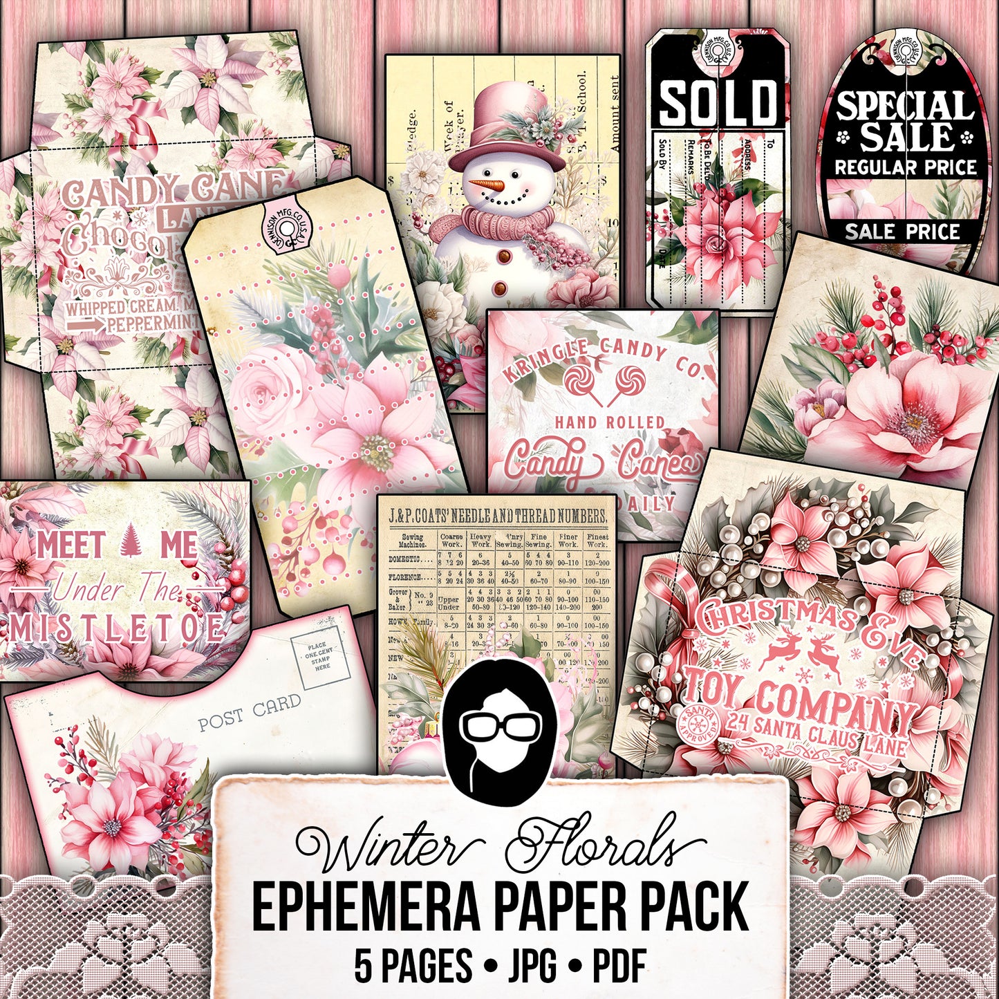 Pink Christmas Printable, Ephemera Fussy Cuts -5pg Digital Download- Junk Journal DIY Kit, Pockets, Envelopes, Labels, Tags, Cards, Titles