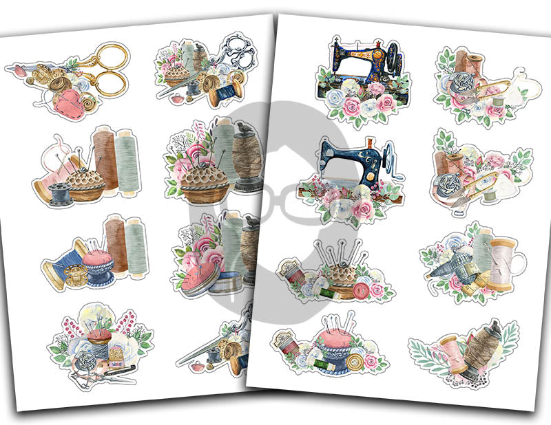Sewing Clipart, Fussy Cut Ephemera -12pg Digital Download- Sewing Machine Antique, Collage Sheet Printable, Scrapbook Cutouts, Sew Graphics