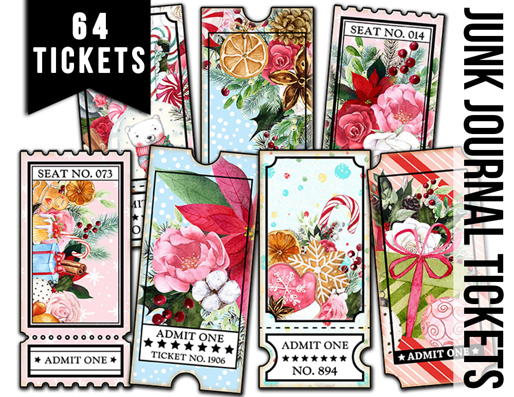 Printable Ticket Ephemera, Pink Christmas -8pg Digital Download- Fussy Cut Christmas Ephemera, Junk Journal DIY Kit, Ticket Bookmark, Cards