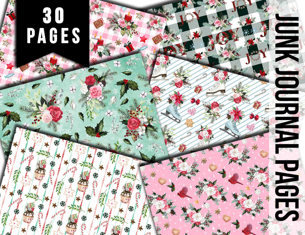 Christmas Junk Journal Pages, Pink Christmas Paper -30pg Digital Download- Poinsettia background,Lined Journal Pages,Scrapbook paper, Shabby