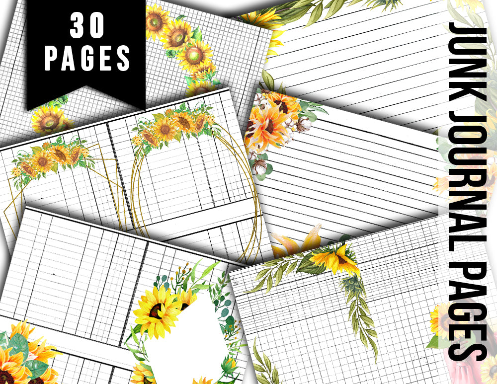 Sunflower Journal Pages, Printable Journal Bundle -30pg Digital Download- Junk Journal DIY Kit, Journaling Notebook, Sunflower Digital Paper