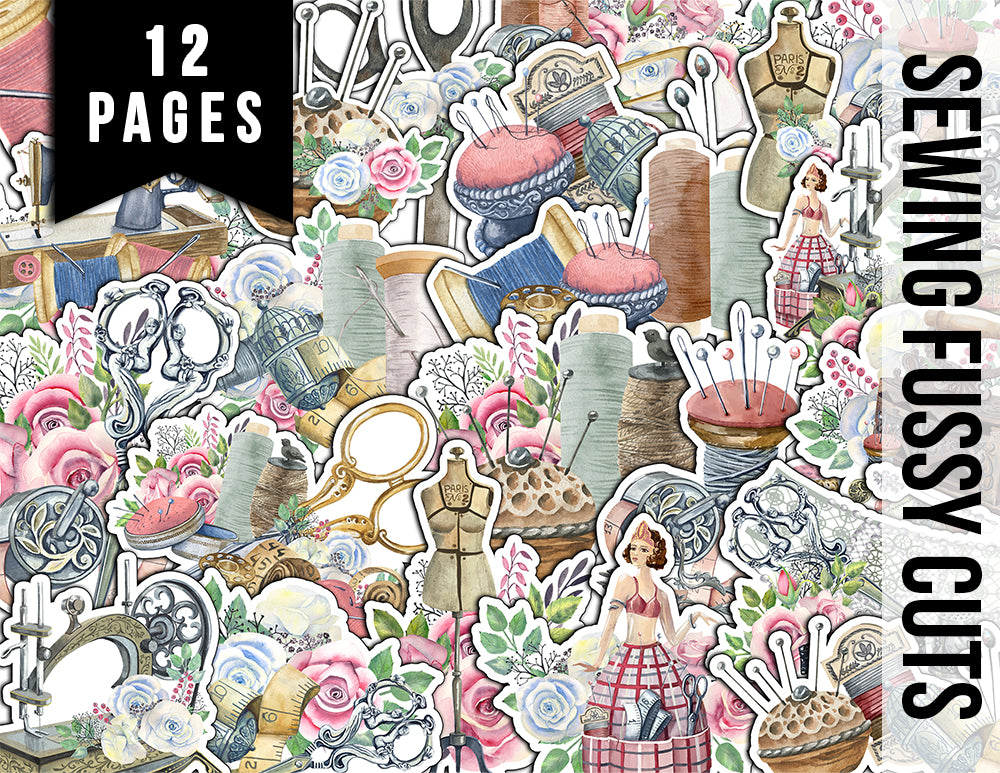 Sewing Clipart, Fussy Cut Ephemera -12pg Digital Download- Sewing Machine Antique, Collage Sheet Printable, Scrapbook Cutouts, Sew Graphics