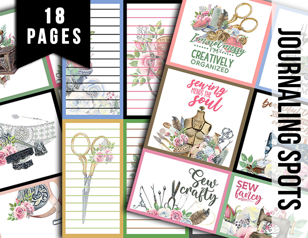 Journaling Spot Printables, Sewing Ephemera -18pg Digital Download- Sewing Quotes, Junk Journal Printables, Sewing Machine Clipart, Lined