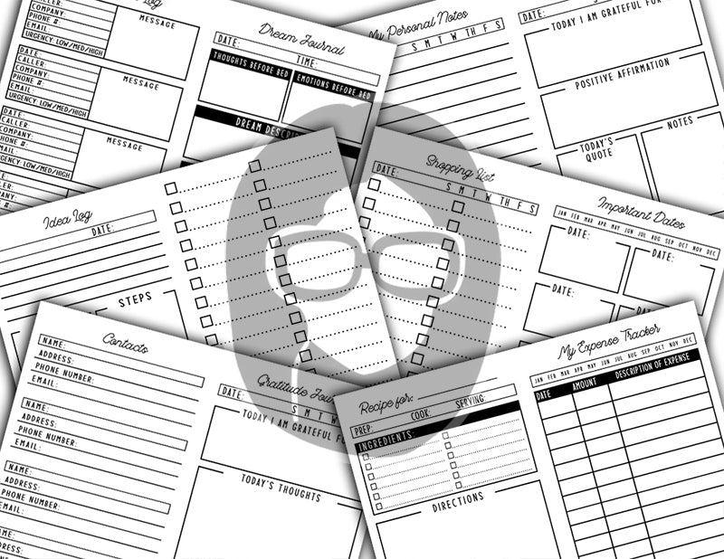 Junk Journal Planner, Undated Monthly Calendar -66pg Digital Download- Personal Planner, Ink Saver, Ink Saving, Black And White, Bundle Kit