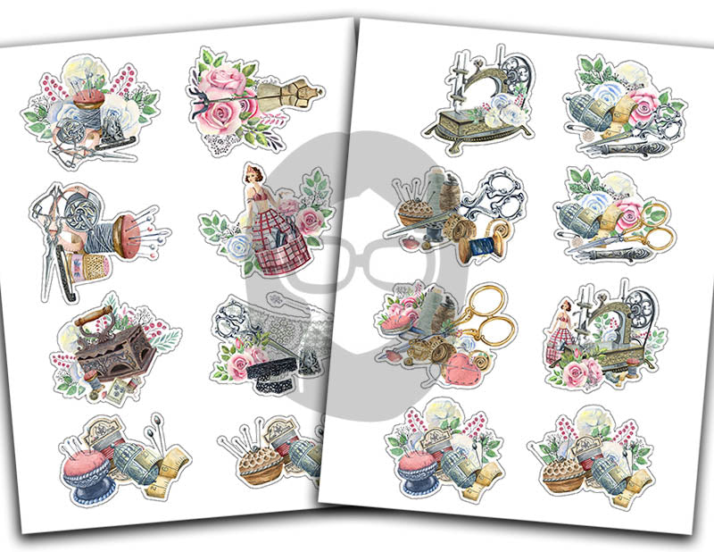 Sewing Clipart, Fussy Cut Ephemera -12pg Digital Download- Sewing Machine Antique, Collage Sheet Printable, Scrapbook Cutouts, Sew Graphics