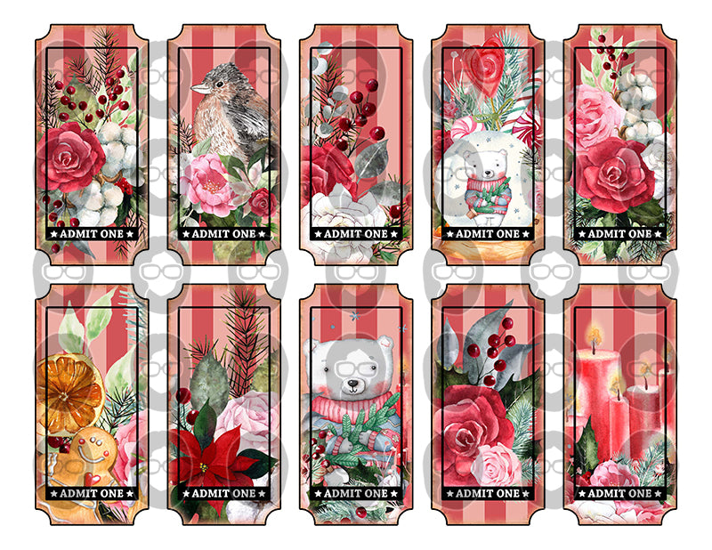 Printable Ticket Ephemera, Pink Christmas -8pg Digital Download- Fussy Cut Christmas Ephemera, Junk Journal DIY Kit, Ticket Bookmark, Cards