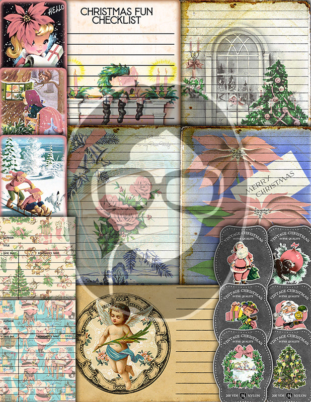 Pink Christmas Journal Kit, Ephemera Bundle -40pg Digital Download- Journaling Card Printable, Xmas Tag, Bingo, Envelopes, Tickets, Art Kit