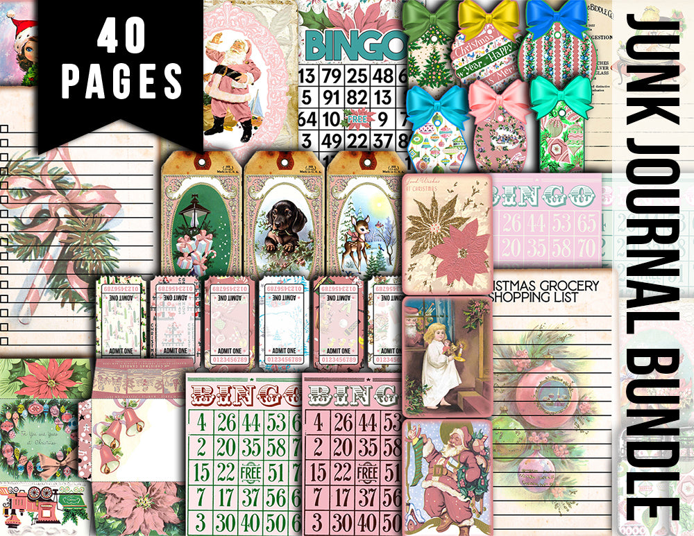 Pink Christmas Journal Kit, Ephemera Bundle -40pg Digital Download- Journaling Card Printable, Xmas Tag, Bingo, Envelopes, Tickets, Art Kit