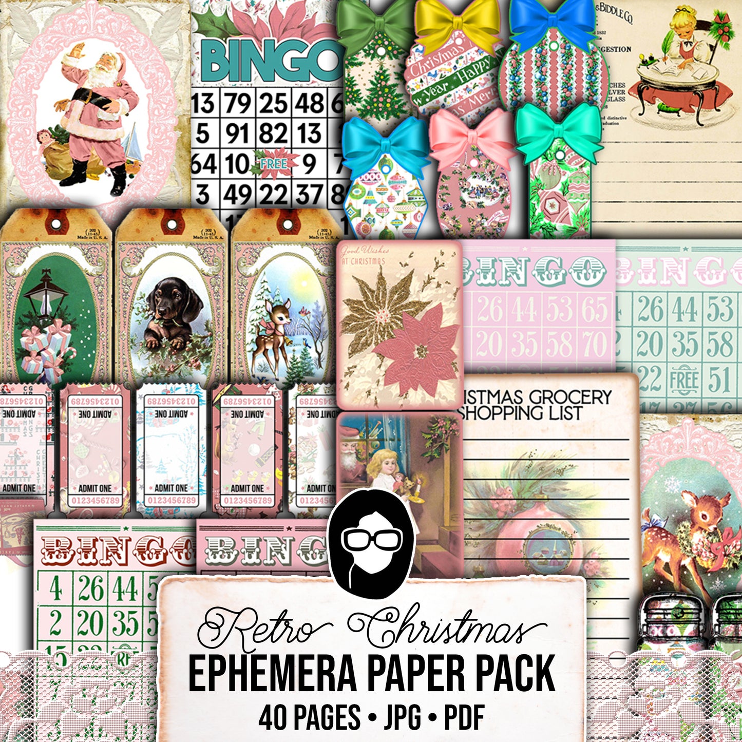 Pink Christmas Journal Kit, Ephemera Bundle -40pg Digital Download- Journaling Card Printable, Xmas Tag, Bingo, Envelopes, Tickets, Art Kit