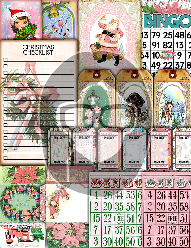 Pink Christmas Journal Kit, Ephemera Bundle -40pg Digital Download- Journaling Card Printable, Xmas Tag, Bingo, Envelopes, Tickets, Art Kit