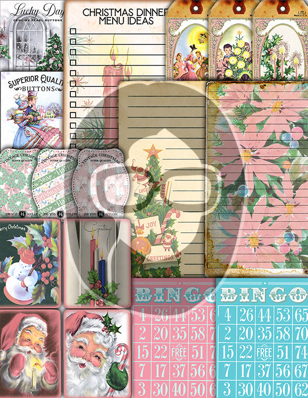 Pink Christmas Journal Kit, Ephemera Bundle -40pg Digital Download- Journaling Card Printable, Xmas Tag, Bingo, Envelopes, Tickets, Art Kit