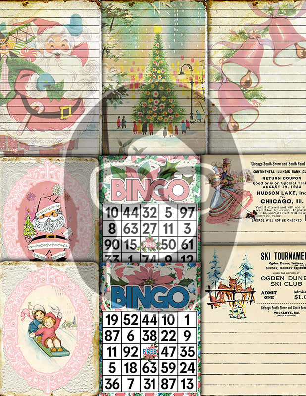 Pink Christmas Journal Kit, Ephemera Bundle -40pg Digital Download- Journaling Card Printable, Xmas Tag, Bingo, Envelopes, Tickets, Art Kit