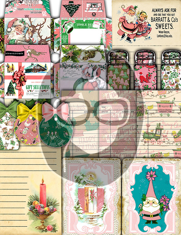 Pink Christmas Journal Kit, Ephemera Bundle -40pg Digital Download- Journaling Card Printable, Xmas Tag, Bingo, Envelopes, Tickets, Art Kit