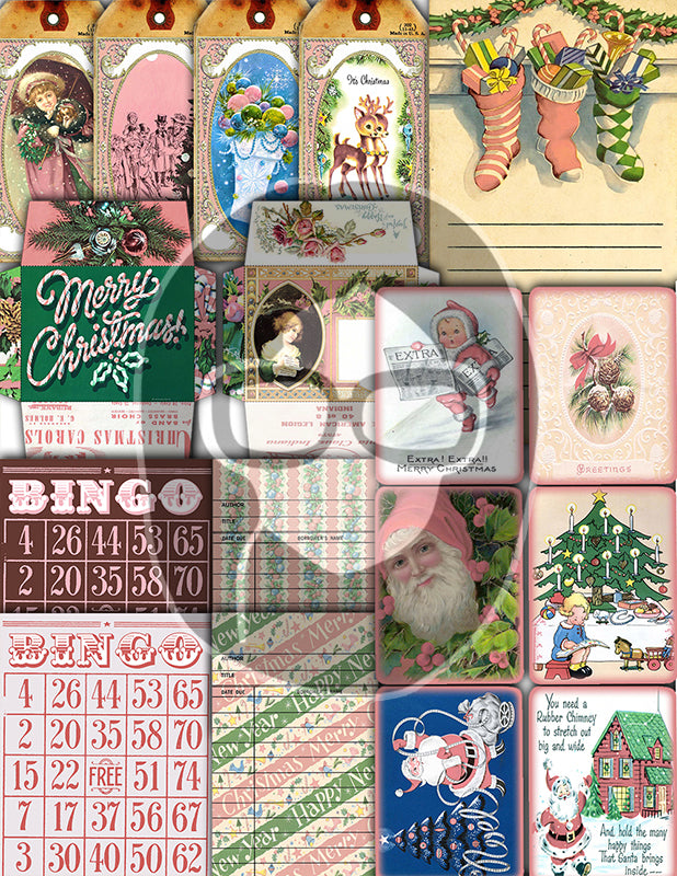 Pink Christmas Journal Kit, Ephemera Bundle -40pg Digital Download- Journaling Card Printable, Xmas Tag, Bingo, Envelopes, Tickets, Art Kit