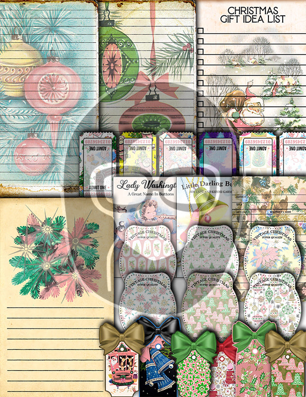 Pink Christmas Journal Kit, Ephemera Bundle -40pg Digital Download- Journaling Card Printable, Xmas Tag, Bingo, Envelopes, Tickets, Art Kit