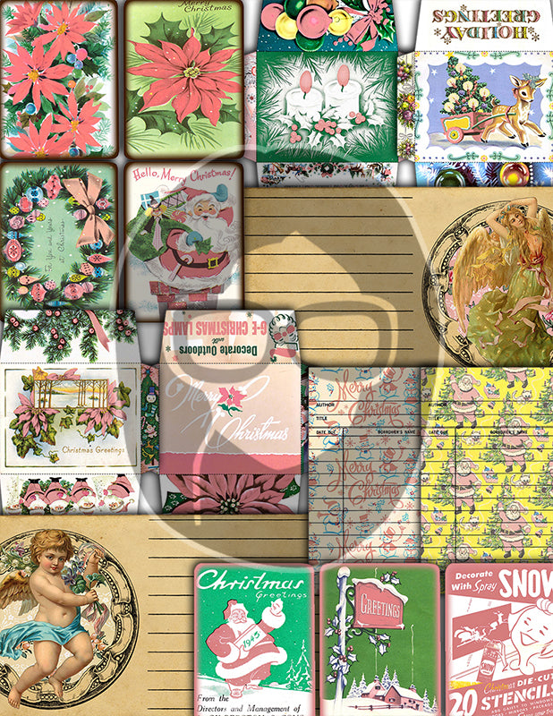 Pink Christmas Journal Kit, Ephemera Bundle -40pg Digital Download- Journaling Card Printable, Xmas Tag, Bingo, Envelopes, Tickets, Art Kit
