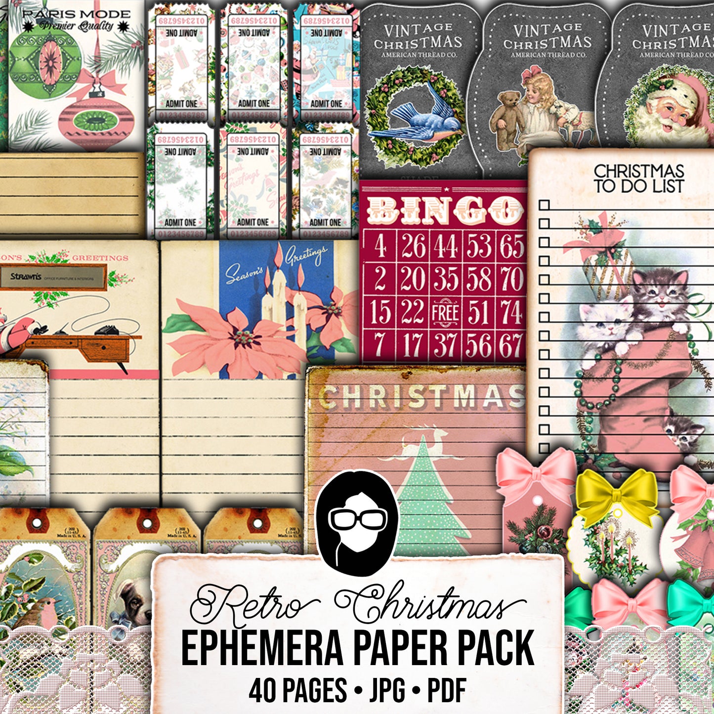 Pink Christmas Journal Kit, Ephemera Bundle -40pg Digital Download- Journaling Card Printable, Xmas Tag, Bingo, Envelopes, Tickets, Art Kit