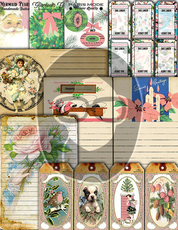 Pink Christmas Journal Kit, Ephemera Bundle -40pg Digital Download- Journaling Card Printable, Xmas Tag, Bingo, Envelopes, Tickets, Art Kit