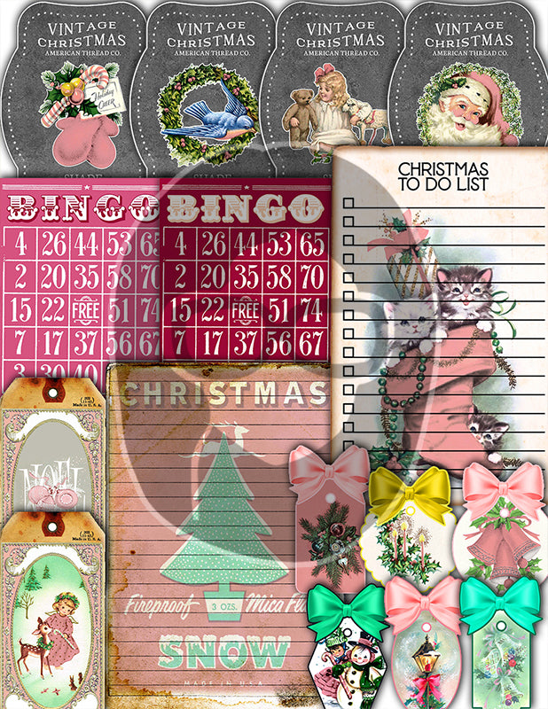 Pink Christmas Journal Kit, Ephemera Bundle -40pg Digital Download- Journaling Card Printable, Xmas Tag, Bingo, Envelopes, Tickets, Art Kit