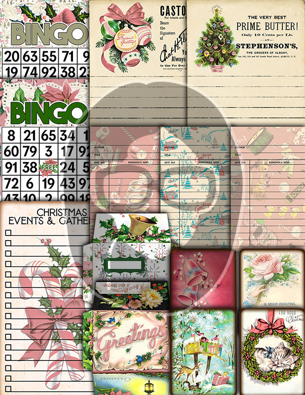 Pink Christmas Journal Kit, Ephemera Bundle -40pg Digital Download- Journaling Card Printable, Xmas Tag, Bingo, Envelopes, Tickets, Art Kit