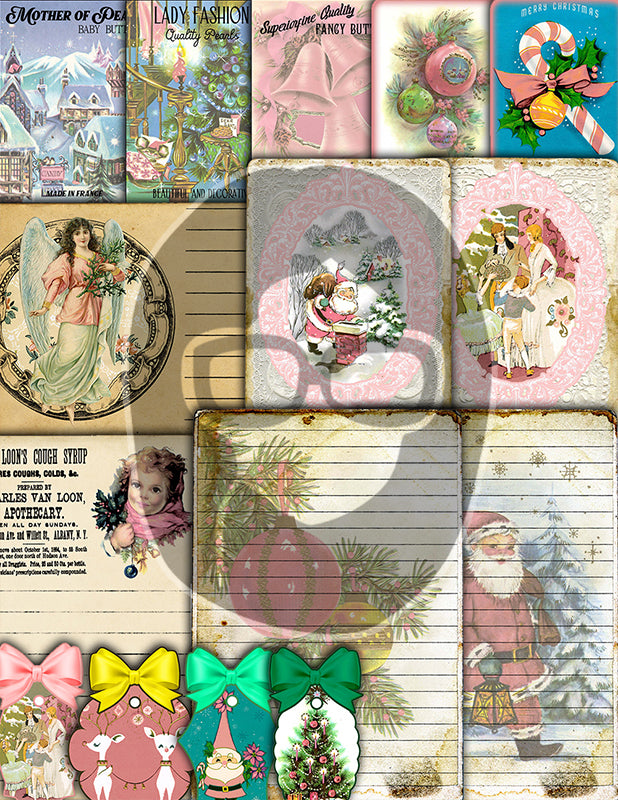 Pink Christmas Journal Kit, Ephemera Bundle -40pg Digital Download- Journaling Card Printable, Xmas Tag, Bingo, Envelopes, Tickets, Art Kit