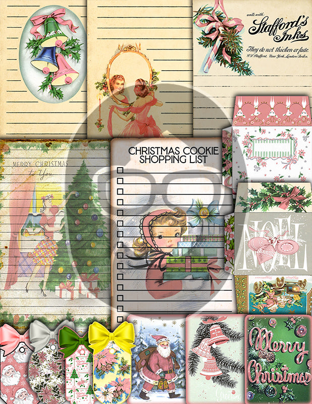 Pink Christmas Journal Kit, Ephemera Bundle -40pg Digital Download- Journaling Card Printable, Xmas Tag, Bingo, Envelopes, Tickets, Art Kit