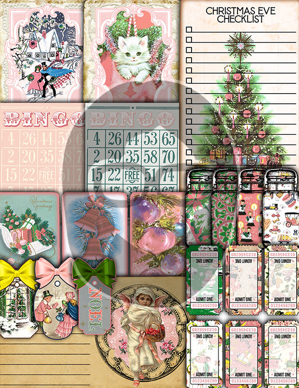 Pink Christmas Journal Kit, Ephemera Bundle -40pg Digital Download- Journaling Card Printable, Xmas Tag, Bingo, Envelopes, Tickets, Art Kit