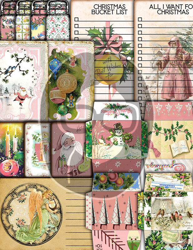 Pink Christmas Journal Kit, Ephemera Bundle -40pg Digital Download- Journaling Card Printable, Xmas Tag, Bingo, Envelopes, Tickets, Art Kit
