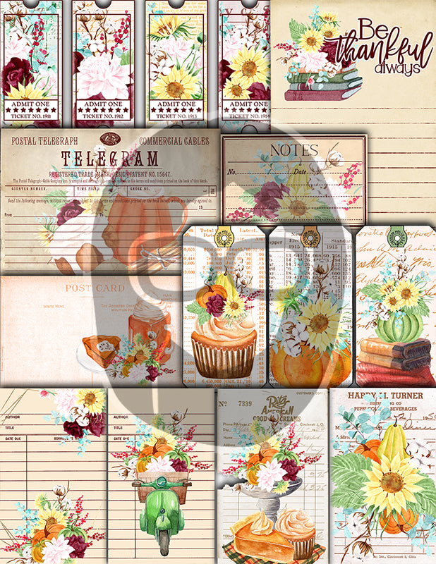 Fall Digital Paper, Autumn Journal Kit -40pg Digital Download- Thanksgiving Pumpkin, Fall Harvest, Sunflower Clipart, Fall Journaling Kit