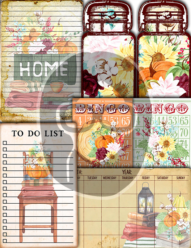 Fall Digital Paper, Autumn Journal Kit -40pg Digital Download- Thanksgiving Pumpkin, Fall Harvest, Sunflower Clipart, Fall Journaling Kit