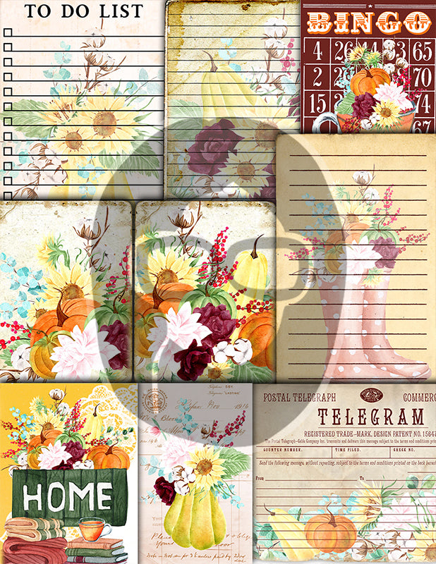 Fall Digital Paper, Autumn Journal Kit -40pg Digital Download- Thanksgiving Pumpkin, Fall Harvest, Sunflower Clipart, Fall Journaling Kit