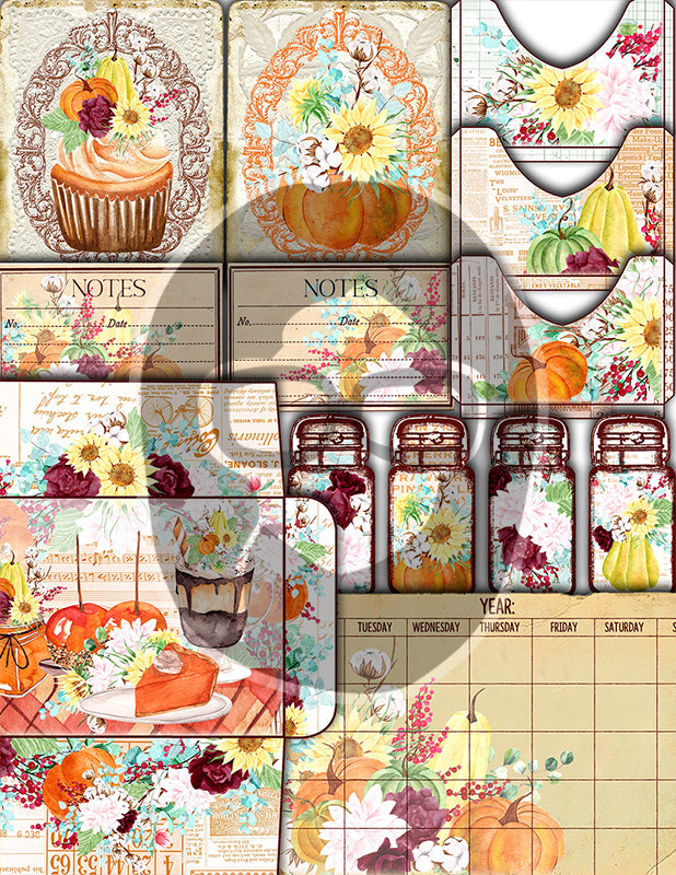 Fall Digital Paper, Autumn Journal Kit -40pg Digital Download- Thanksgiving Pumpkin, Fall Harvest, Sunflower Clipart, Fall Journaling Kit