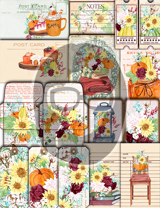 Fall Digital Paper, Autumn Journal Kit -40pg Digital Download- Thanksgiving Pumpkin, Fall Harvest, Sunflower Clipart, Fall Journaling Kit