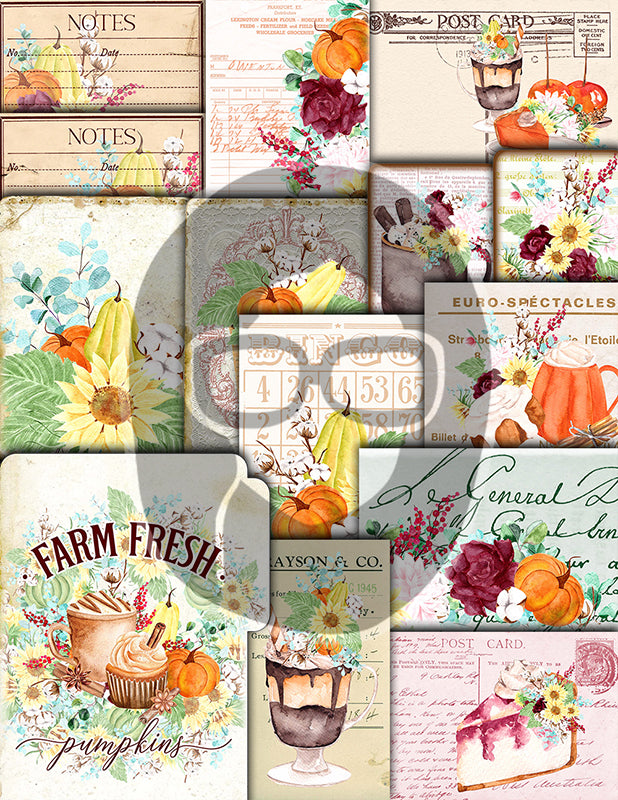 Fall Digital Paper, Autumn Journal Kit -40pg Digital Download- Thanksgiving Pumpkin, Fall Harvest, Sunflower Clipart, Fall Journaling Kit