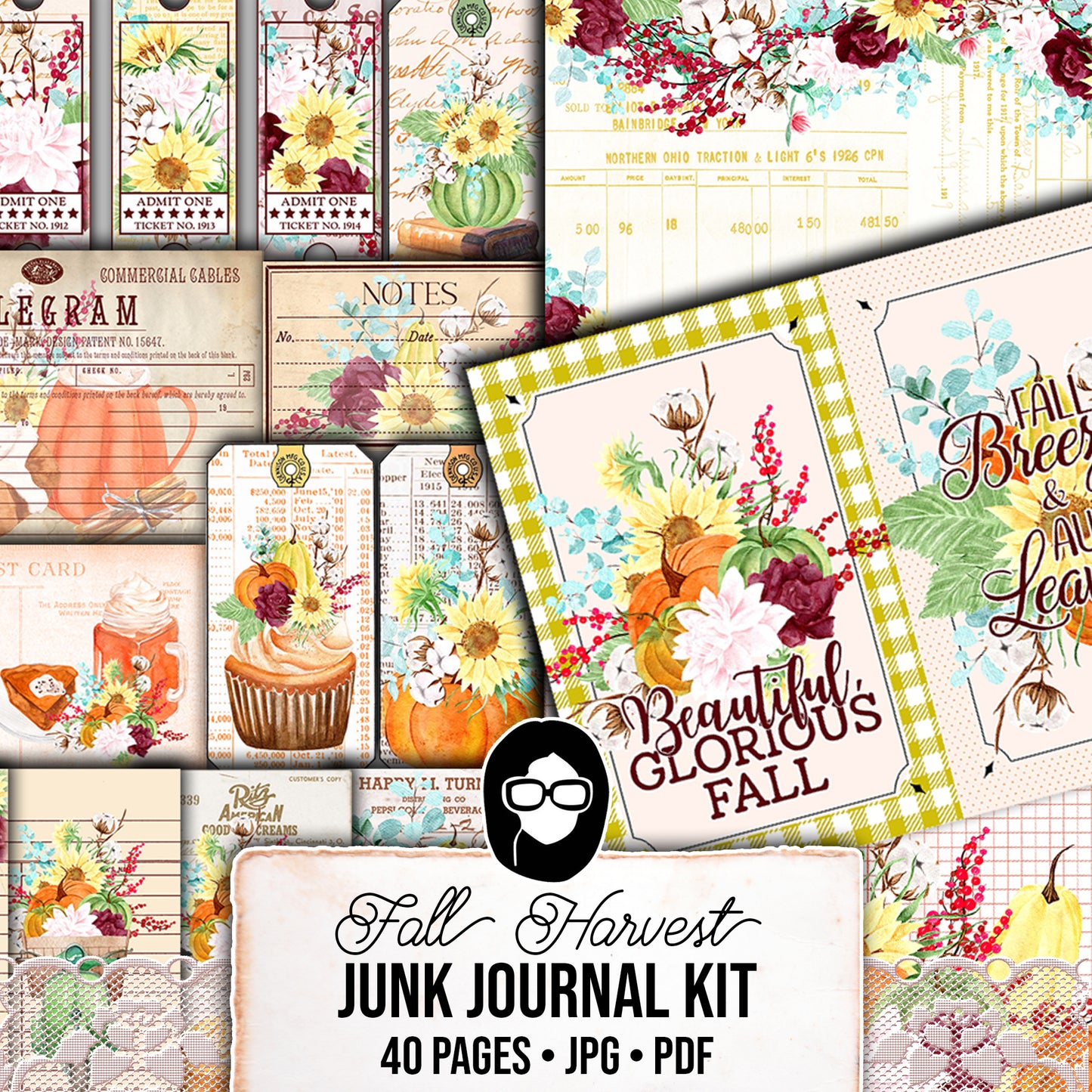 Fall Digital Paper, Autumn Journal Kit -40pg Digital Download- Thanksgiving Pumpkin, Fall Harvest, Sunflower Clipart, Fall Journaling Kit