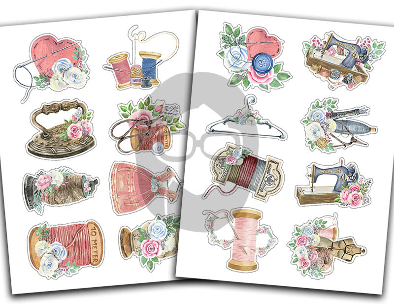 Sewing Clipart, Fussy Cut Ephemera -12pg Digital Download- Sewing Machine Antique, Collage Sheet Printable, Scrapbook Cutouts, Sew Graphics
