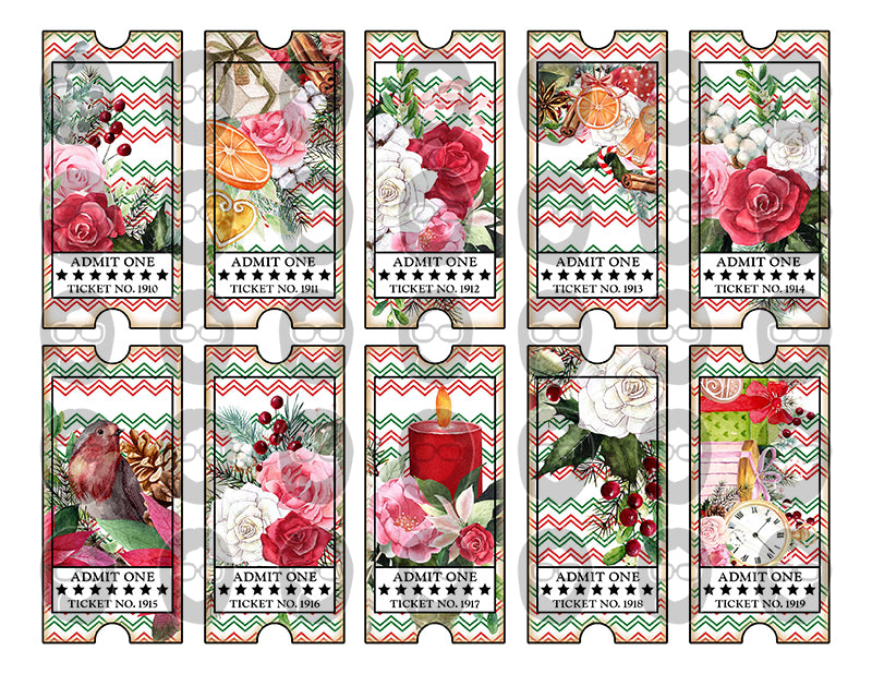 Printable Ticket Ephemera, Pink Christmas -8pg Digital Download- Fussy Cut Christmas Ephemera, Junk Journal DIY Kit, Ticket Bookmark, Cards