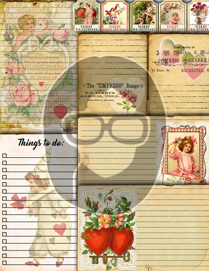 Valentine's Day Ephemera, Junk Journal Printables -38pg Digital Download- Journaling Cards, Scrapbook Bundle, Retro And Vintage, Antique