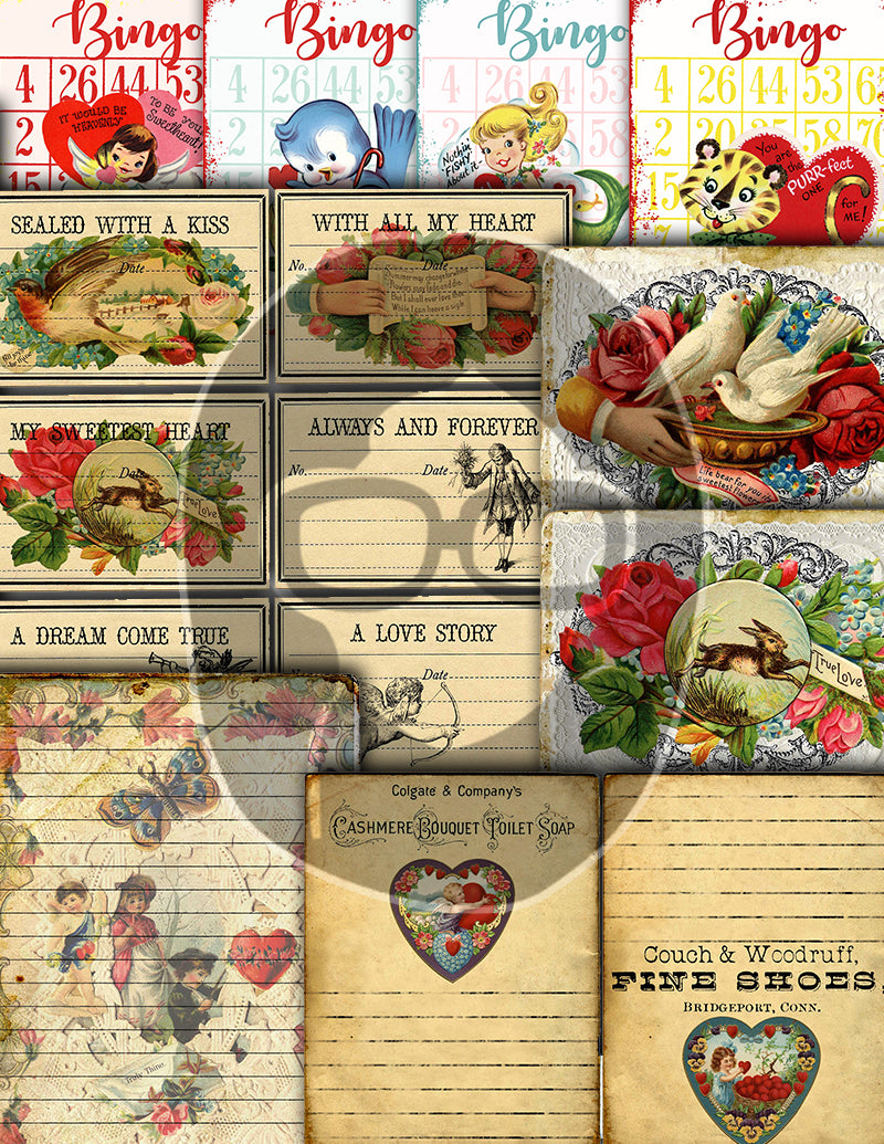 Valentine's Day Ephemera, Junk Journal Printables -38pg Digital Download- Journaling Cards, Scrapbook Bundle, Retro And Vintage, Antique