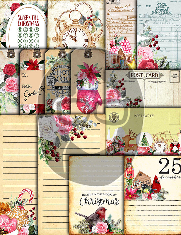Christmas Junk Journal Kit, Pink Christmas Printable -41pg Digital Download- Journaling Pages, Word Labels, Holiday Notecards, Gift Tags