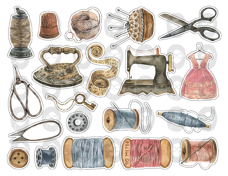Sewing Clipart, Fussy Cut Ephemera -9pg Digital Download- Sewing Machine Antique, Collage Sheet Printable, Scrapbook Cutouts, Sew Graphics