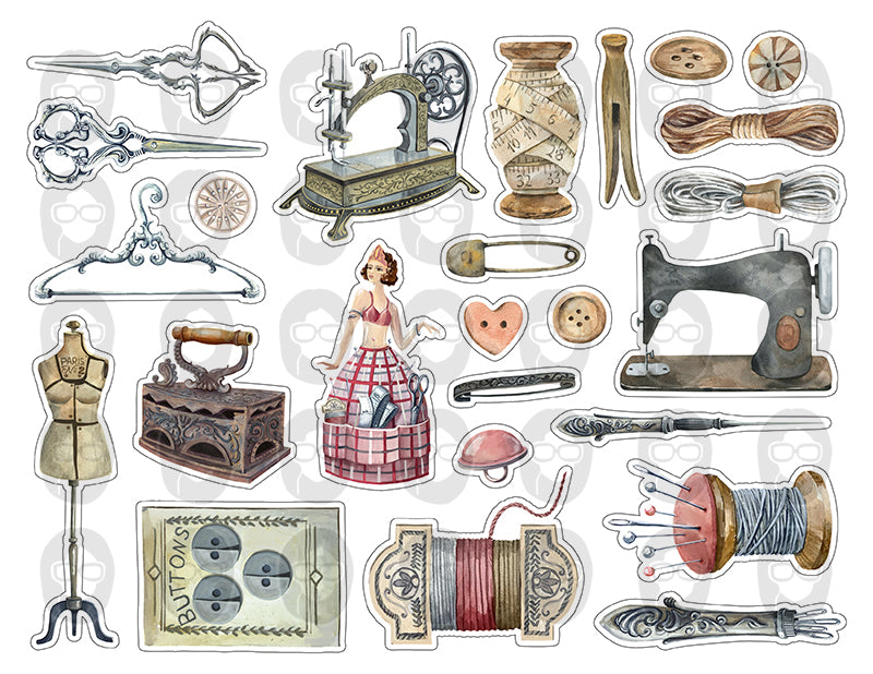 Sewing Clipart, Fussy Cut Ephemera -9pg Digital Download- Sewing Machine Antique, Collage Sheet Printable, Scrapbook Cutouts, Sew Graphics