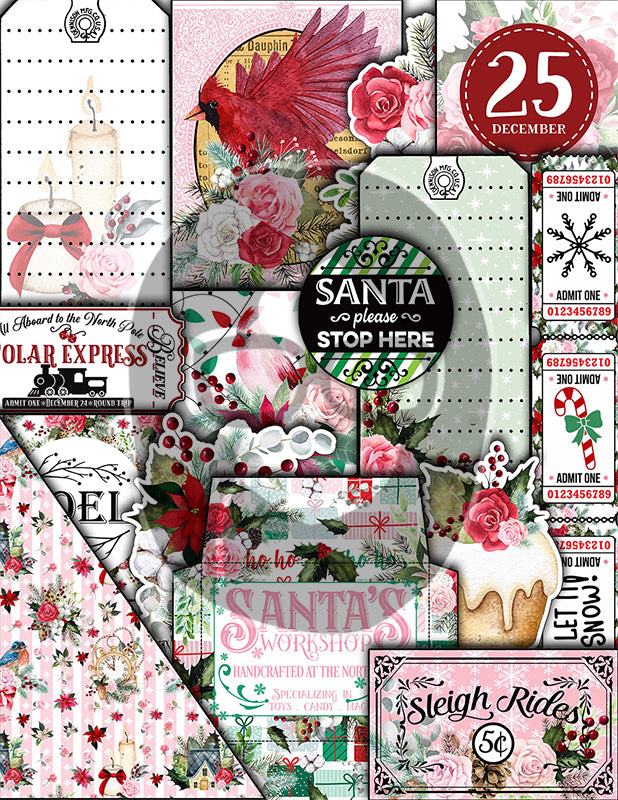 Christmas Junk Journal Kit, Pink Christmas Printable -41pg Digital Download- Journaling Pages, Word Labels, Holiday Notecards, Gift Tags